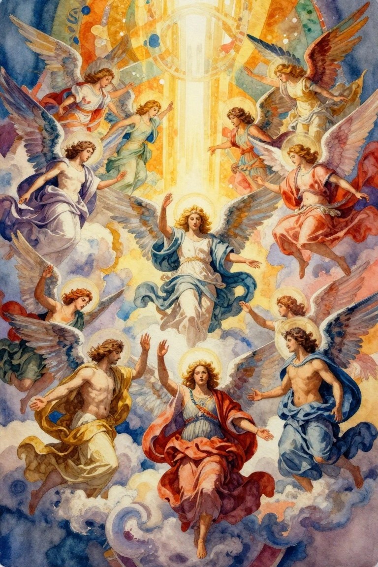 Watercolor angels with halos and flowing robes soaring amid radiant golden clouds.