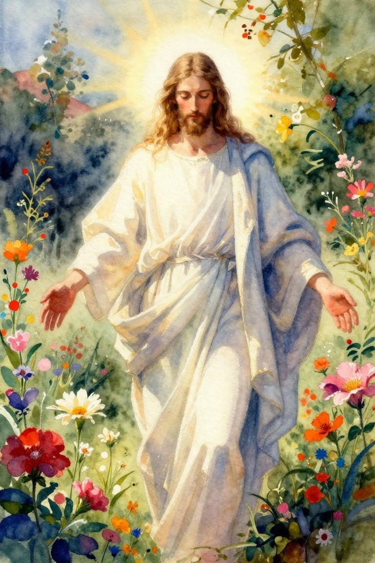 Jesus in white robes and blue cloak amid colorful wildflowers with radiant sunlight halo