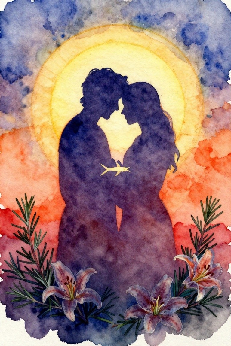 Watercolor painting of two silhouetted figures facing each other with a small fish between them, a yellow circle in the background, and lilies at the bottom.