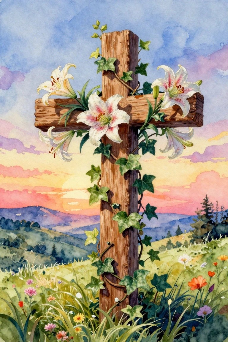 A watercolor painting of a wooden cross covered in white lilies and green ivy, overlooking rolling hills at sunset with flowers in the foreground.