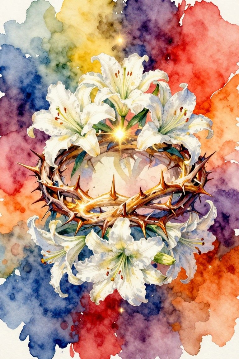 Watercolor crown of thorns with white lilies on vibrant colorful splashes