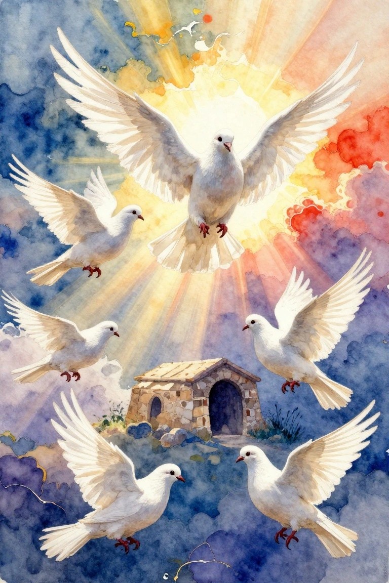 White doves flying around a stone stable beneath a radiant colorful sky in watercolor.