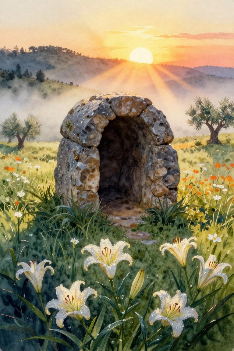 Stone dolmen amid dewy white lilies at misty sunrise with golden rays