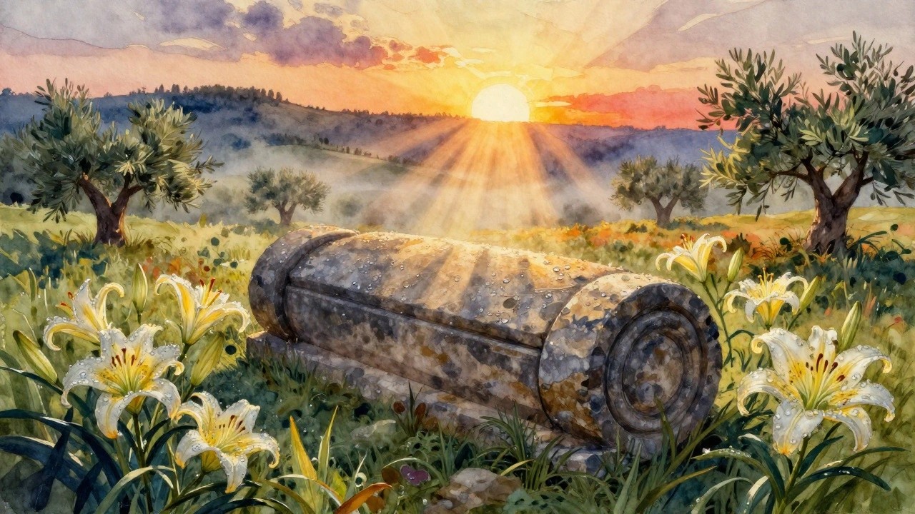 Stone dolmen amid dewy white lilies at misty sunrise with golden rays