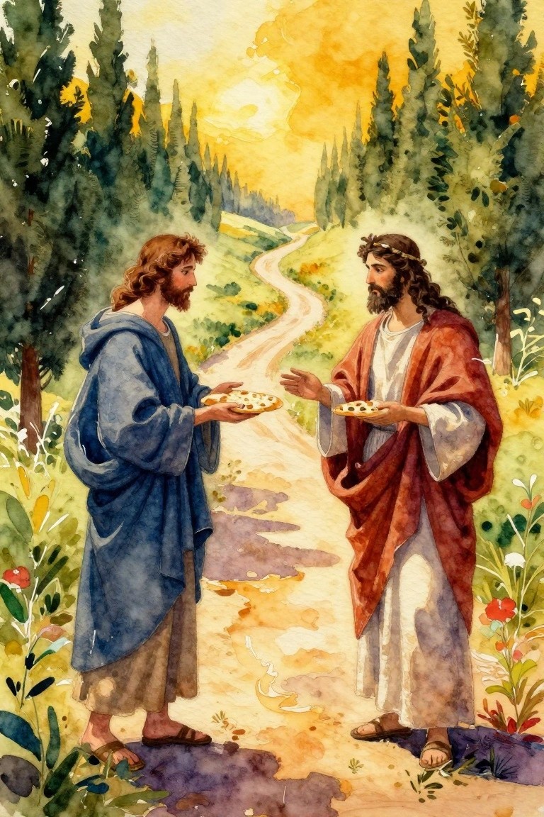 Two robed men holding plates of food on a winding forest path in watercolor.