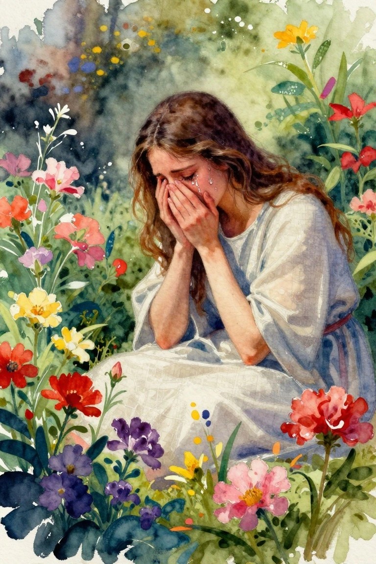 A woman in a white robe sits among colorful flowers in a garden with her hands covering her face and tears on her cheeks.