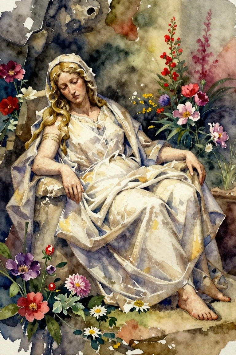 Watercolor of blonde woman in white robes reclining amid colorful flowers and stone ruins.