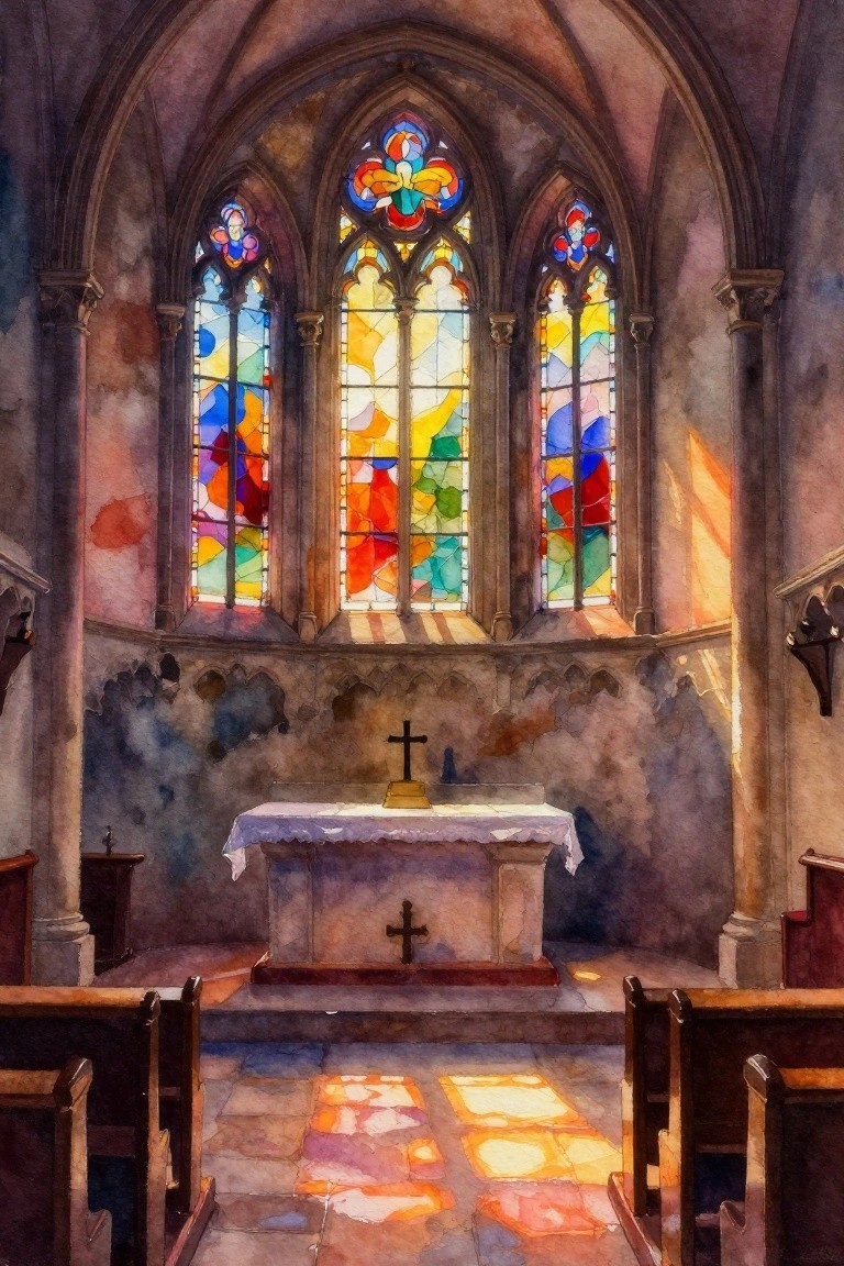 Watercolor of sunlit church interior with colorful stained glass windows and stone altar