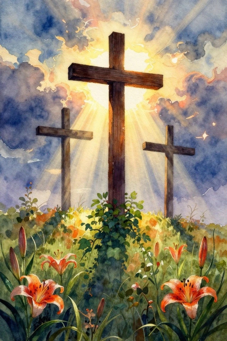 Three crosses on a hill amid orange lilies under radiant sunbeams in watercolor style.
