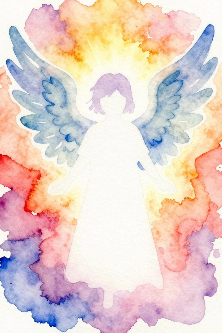 A white silhouette of an angel with wings stands against a vibrant watercolor background of blended blue, purple, pink, orange, and yellow washes.