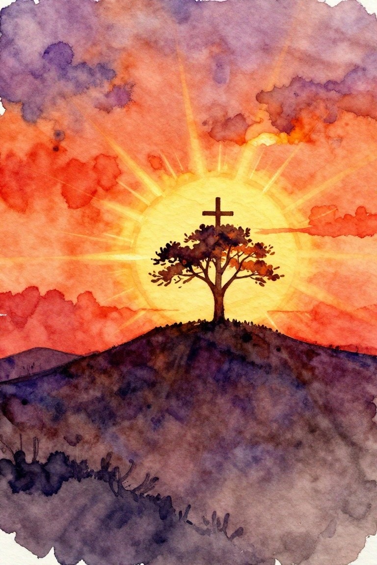 Watercolor landscape of cross-topped tree silhouetted on hill against radiant orange-purple sunset.