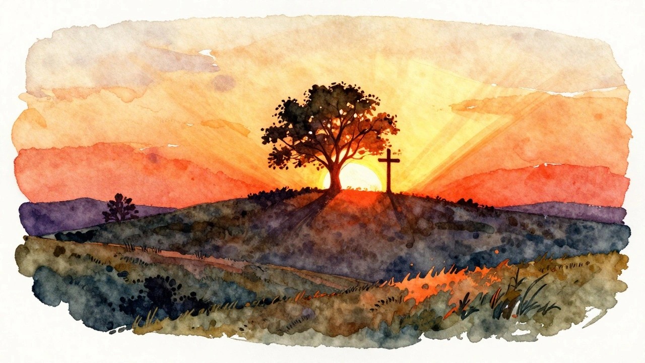 Watercolor landscape of cross-topped tree silhouetted on hill against radiant orange-purple sunset.