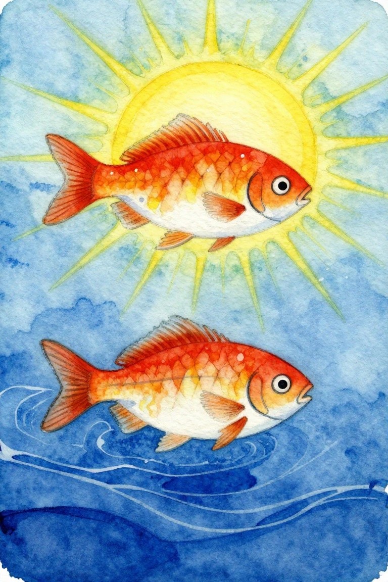 Watercolor of two orange fish, one near sun and one above blue waves.