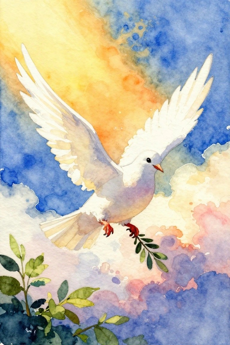 Watercolor painting of a white dove with olive branch soaring in a vibrant sky