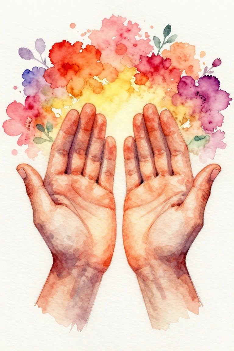 A watercolor painting of two open hands with a colorful arc of flowers above them on a white background.