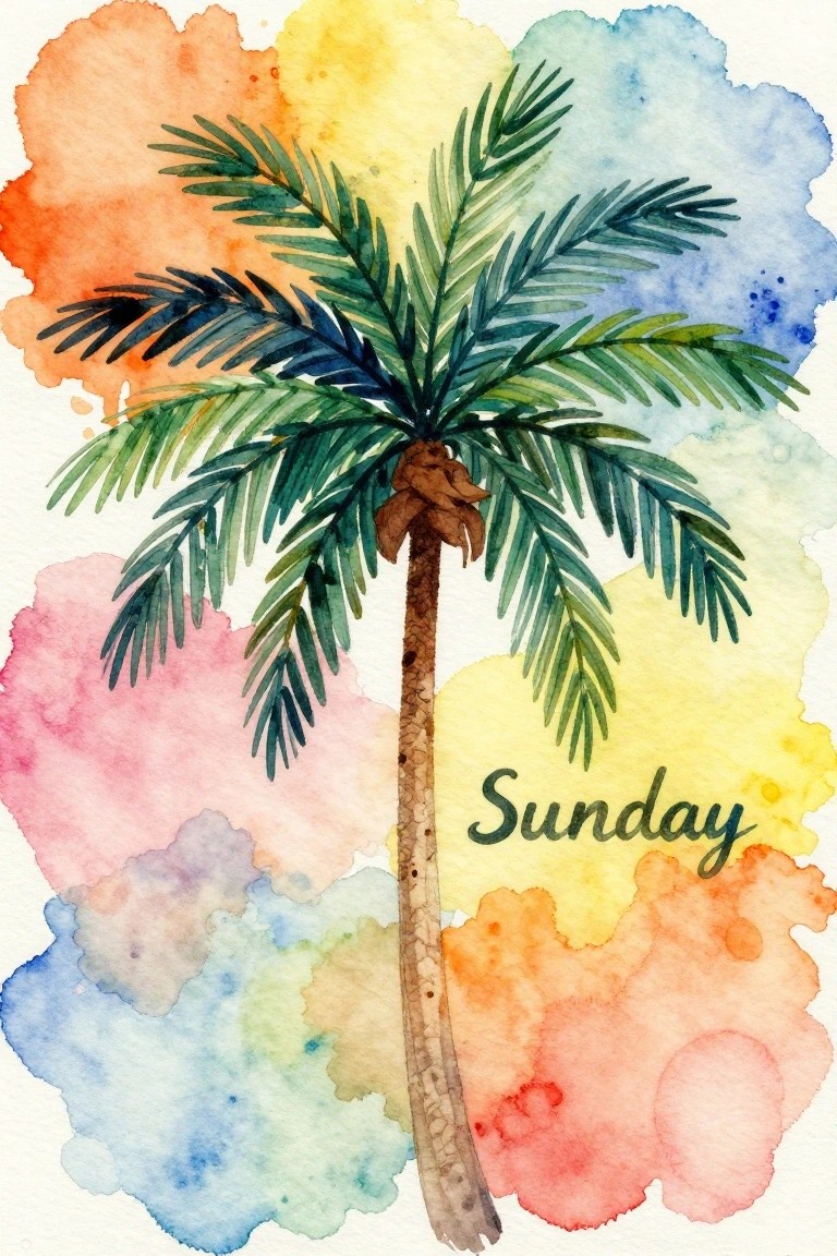 Watercolor palm tree with green fronds on vibrant multicolored splashes and Sunday text