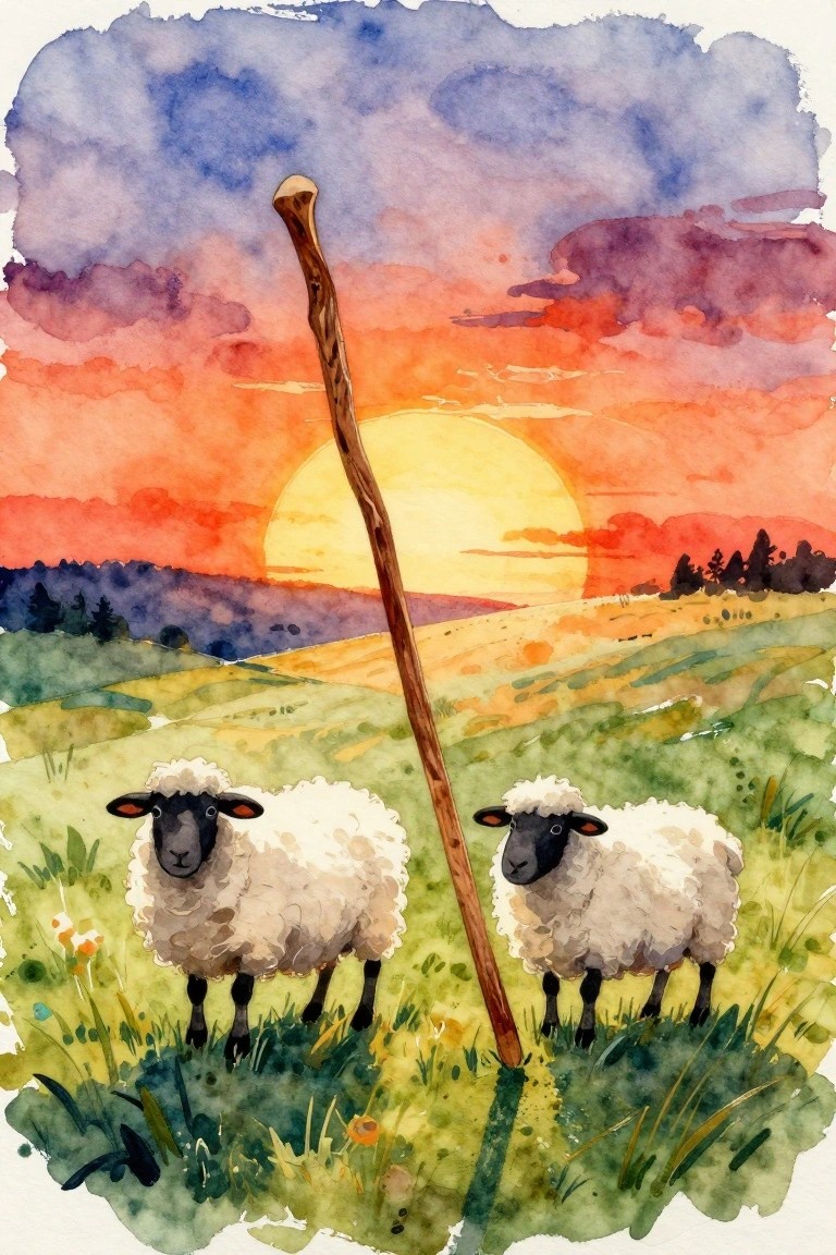 A watercolor painting of two sheep in a green field with a wooden staff leaning between them under a colorful sunset.