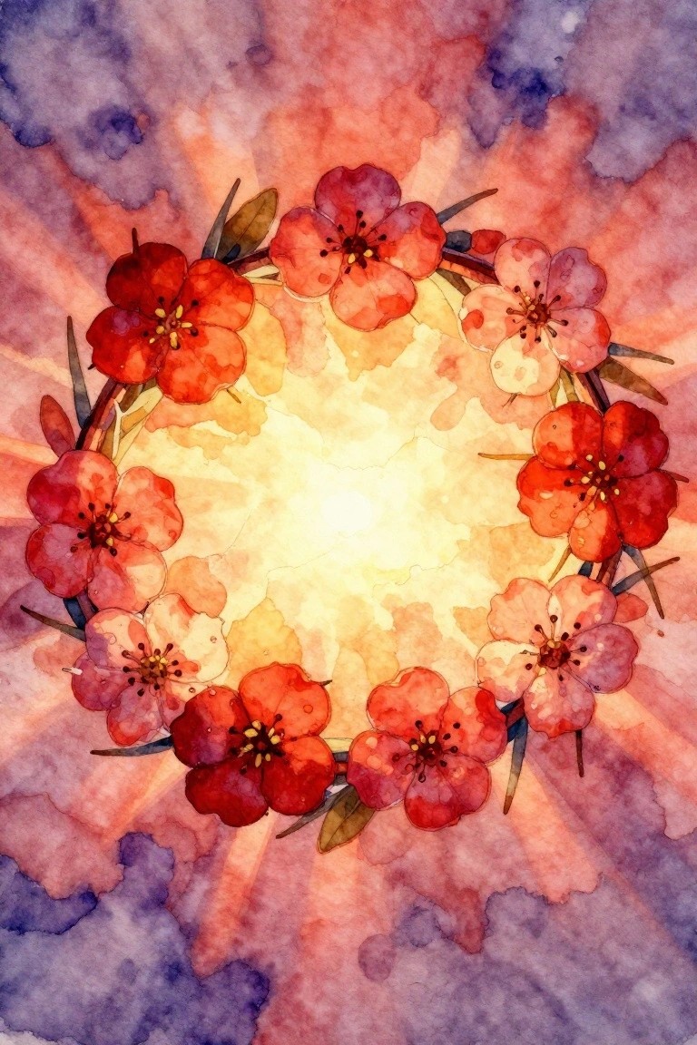Red and pink flower wreath around glowing yellow sunburst in watercolor style