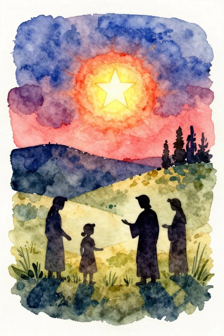 Watercolor painting showing dark silhouetted figures on a grassy hill under a large white star in a sky blending blue, purple, pink, orange, and yellow.