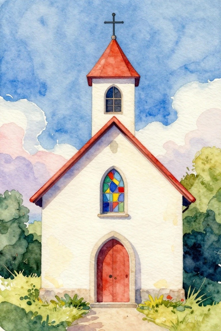 Watercolor of white church with red roof, steeple cross, stained glass window, and red door