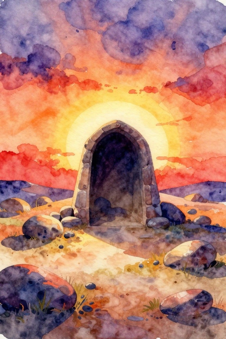 Watercolor of stone archway amid rocks under vibrant orange-purple sunset sky
