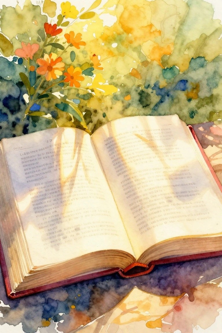 Open book on vibrant watercolor background with orange flowers and colorful splashes