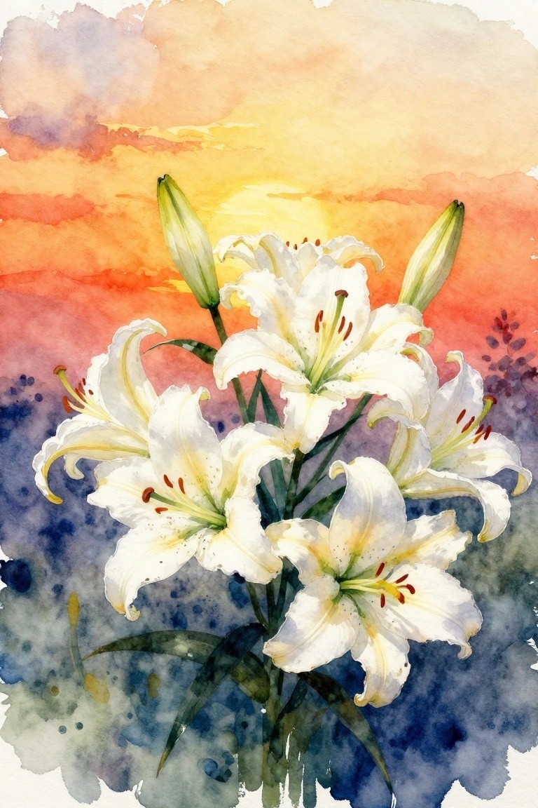 White lilies with buds and leaves in vibrant watercolor sunset style