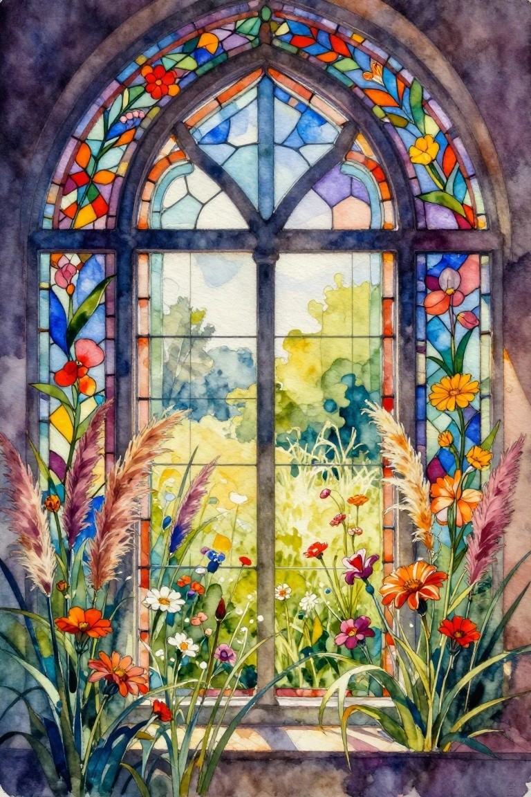 Arched stained glass window overlooking vibrant garden with colorful wildflowers and grasses