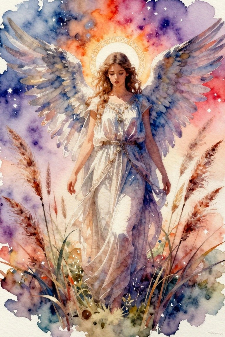Winged angel in flowing dress with halo amid tall grasses under cosmic starry sky