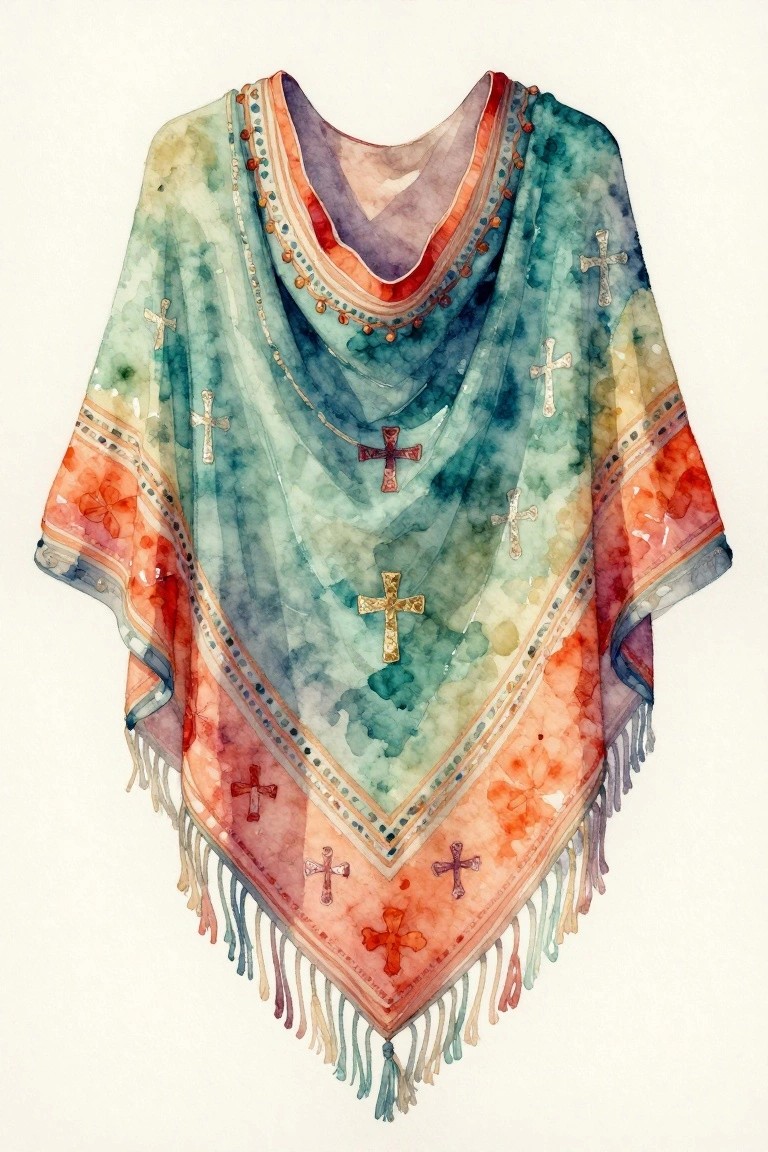 Watercolor poncho in teal and orange with crosses, beaded trim, and fringe.