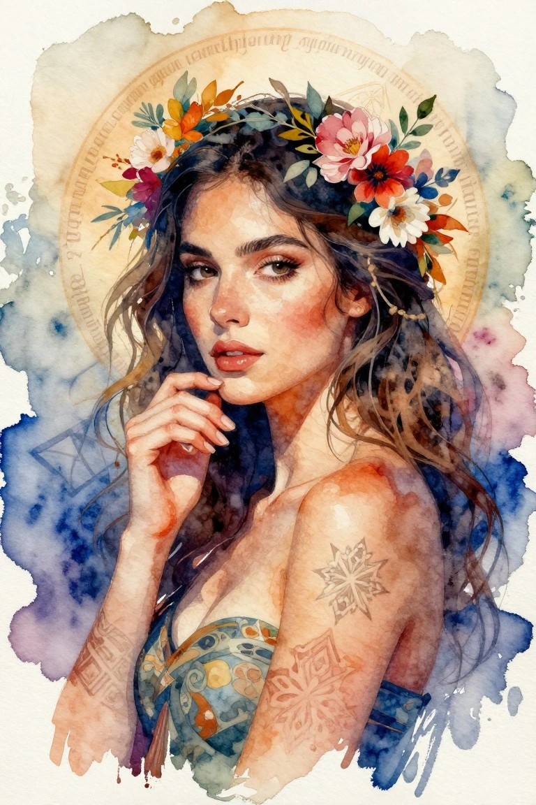 Watercolor portrait of tattooed woman with floral crown, hand on chin, mystical style