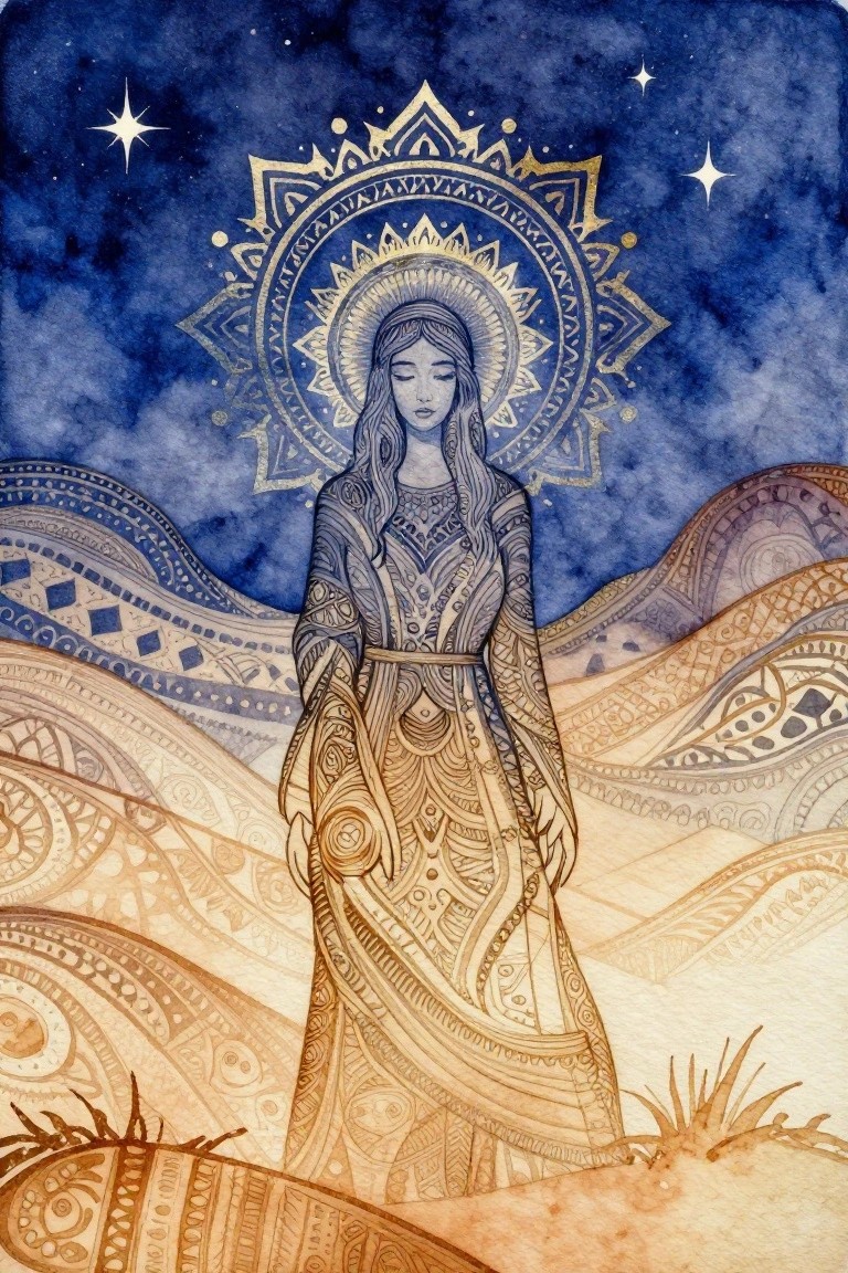 A watercolor painting of a woman in detailed robes with a large golden mandala halo behind her head, set against a starry blue sky with decorative patterned waves in the foreground.