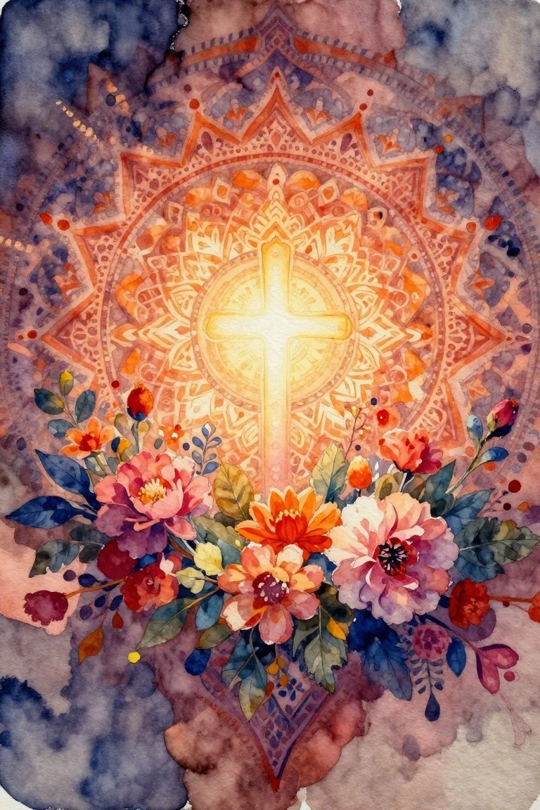 Watercolor painting of a glowing cross inside an orange mandala with pink and orange flowers clustered at the bottom on a soft blue background.