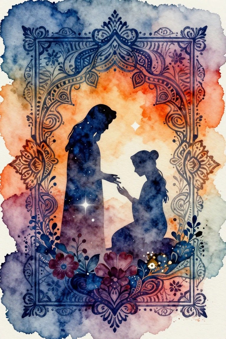 Silhouetted figures in ornate frame with starry watercolor sky and florals