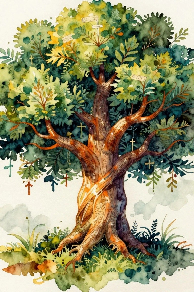 Watercolor of twisted tree with orange trunk, green leaves, and hanging crosses with tags.