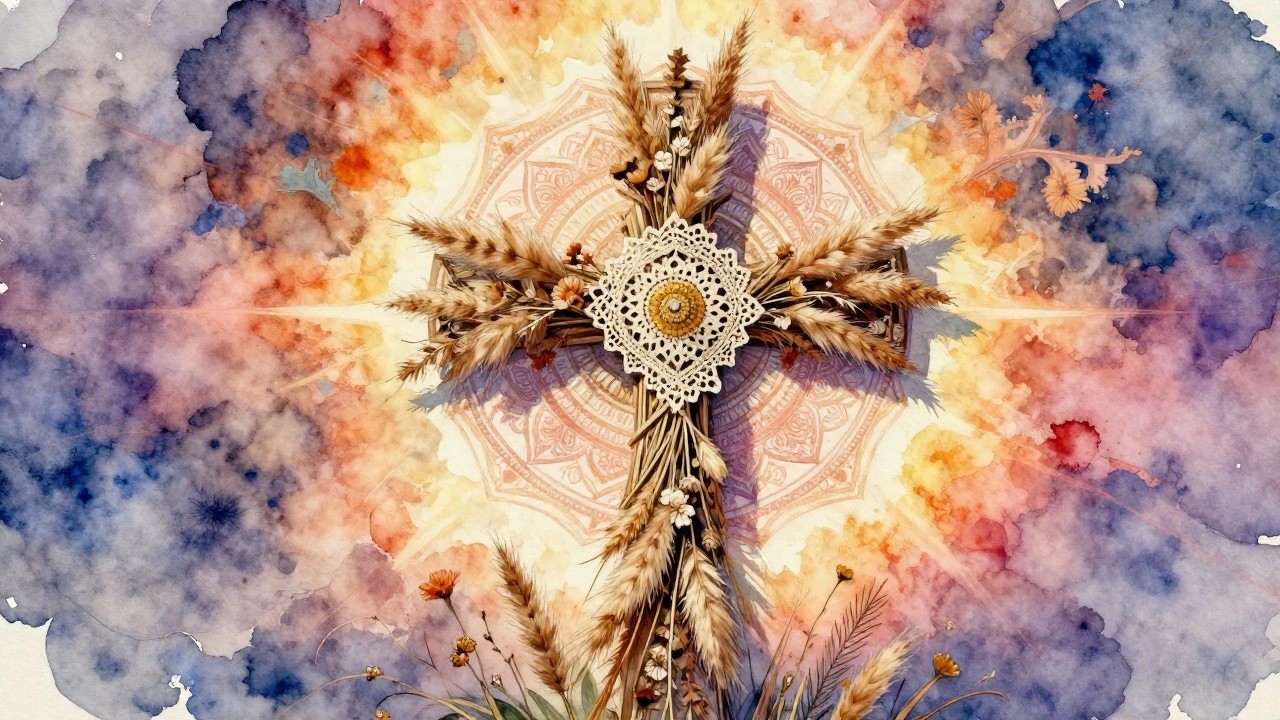 A wooden cross wrapped with wheat stalks, pink flowers, and lace against a watercolor mandala background.