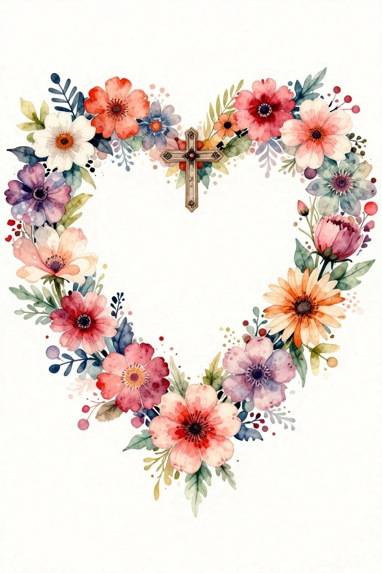 Watercolor heart wreath of vibrant flowers with central decorative cross