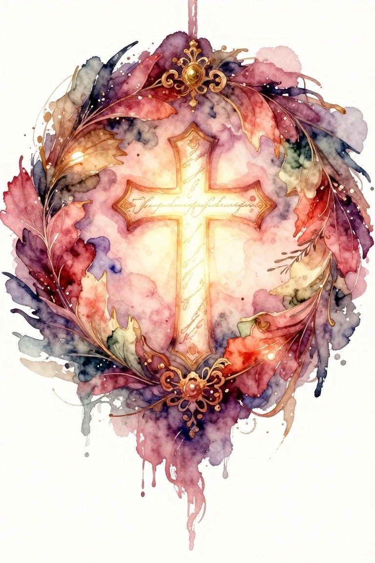 Watercolor wreath of vibrant autumn leaves framing a glowing ornate golden cross