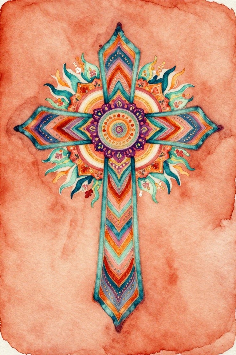 Vibrant watercolor mandala cross in teal, orange, and purple on coral background.