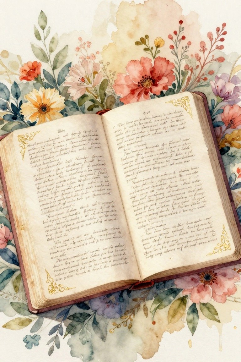 Open book with ornate handwritten pages amid colorful watercolor flowers and leaves