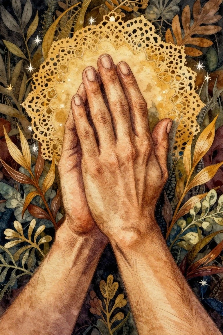 Clasped hands in prayer on yellow lace doily amid watercolor leaves and sparkles.