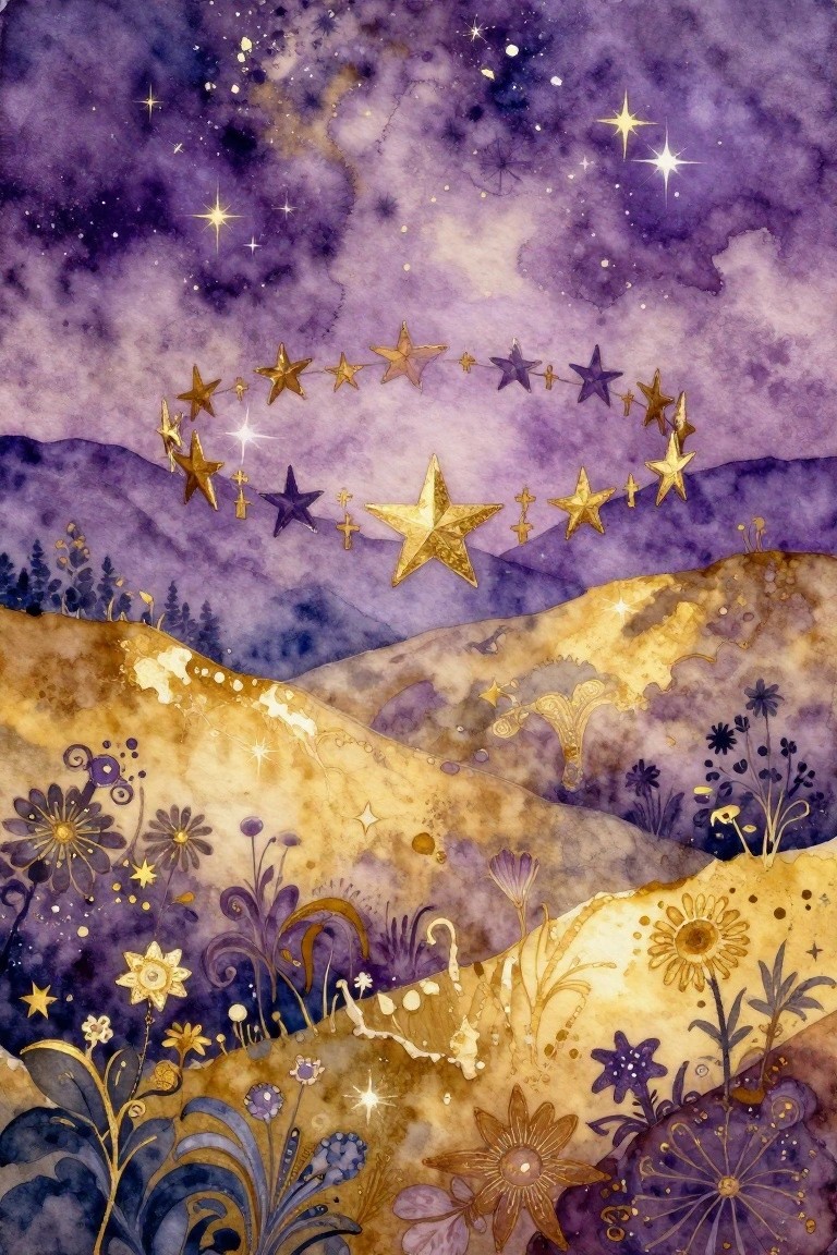 Golden stars strung across purple sky above yellow hills with wildflowers