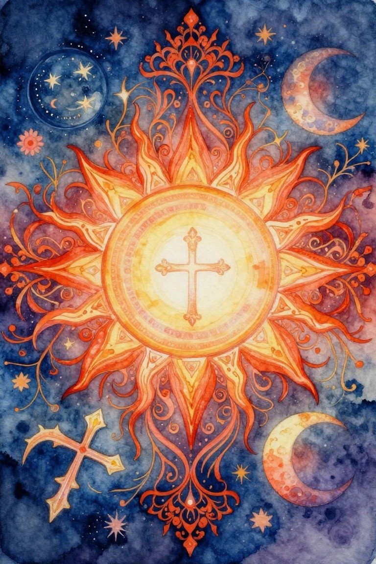 A watercolor-style painting shows a large orange and yellow sun with a cross in the center, surrounded by decorative rays, two crescent moons, stars, and a smaller cross on a dark blue night sky background.