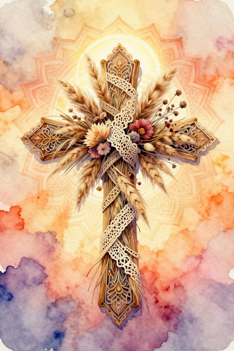 A wooden cross wrapped with wheat stalks, pink flowers, and lace against a watercolor mandala background.