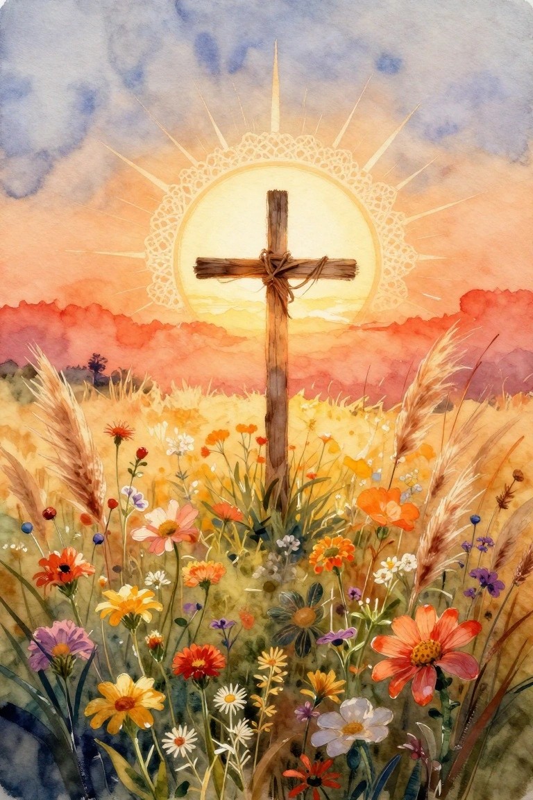 A watercolor painting of a wooden cross standing in a field of colorful wildflowers with a bright sun and lace-like halo behind it against an orange and pink sky.