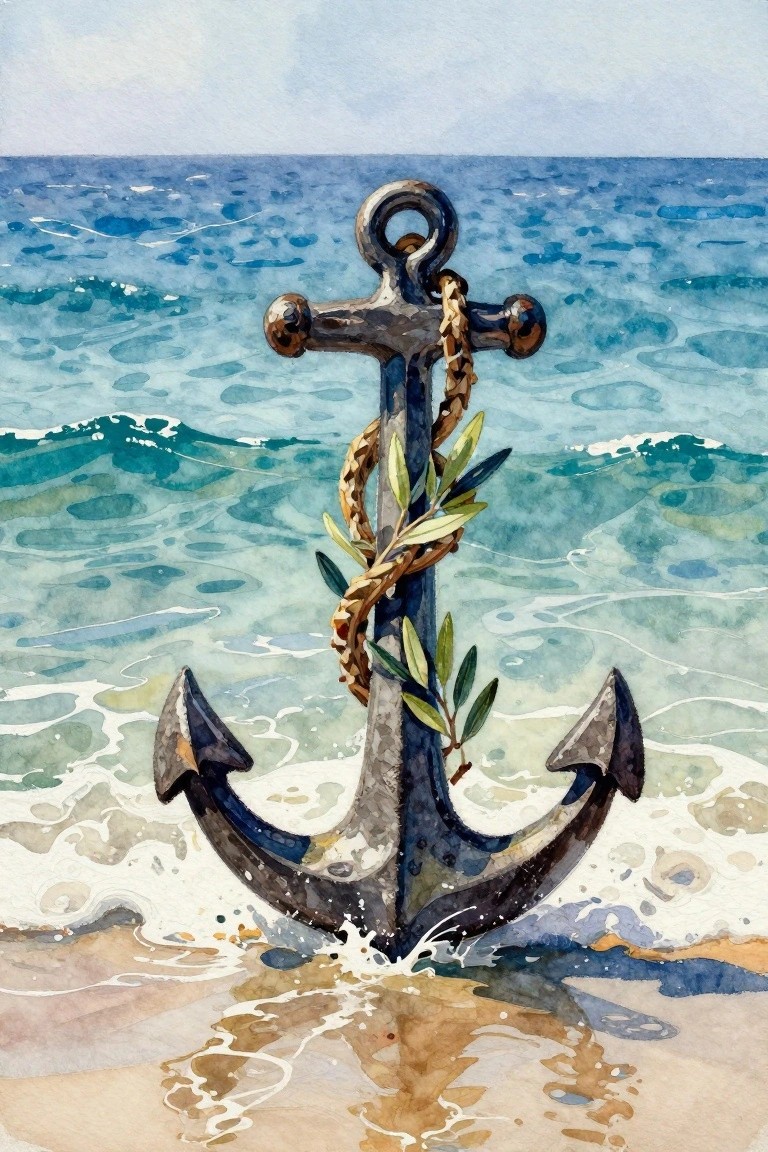 A watercolor painting of a dark anchor with rope and olive leaves resting on wet sand at the shoreline with blue waves behind it.
