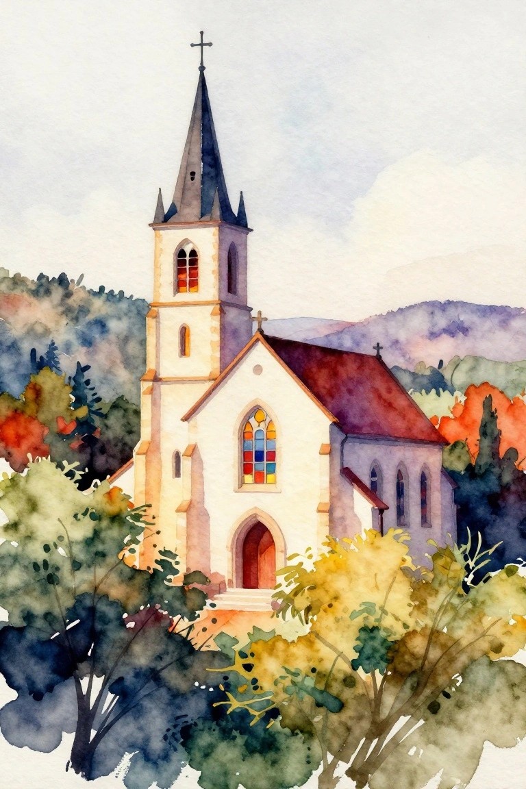 Watercolor of white church with steeple, red roof, and colorful autumn trees and hills.