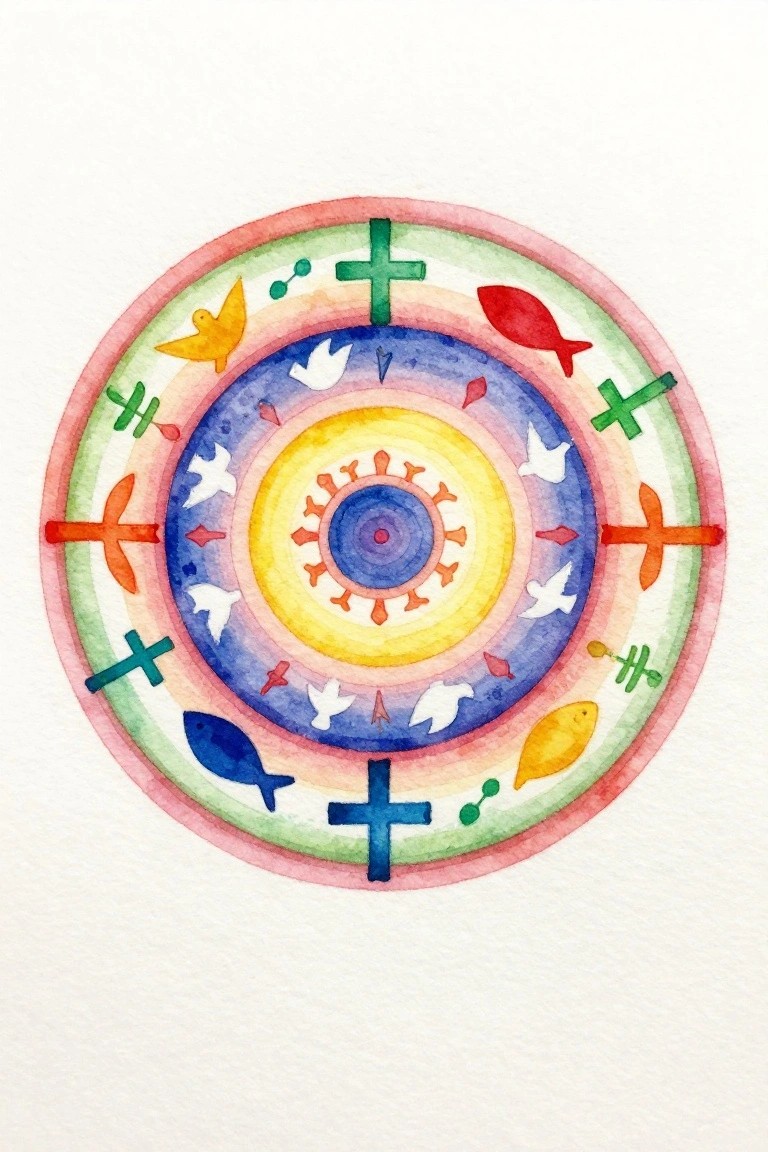 A circular watercolor painting with concentric rings containing crosses, fish, doves, and other symbols in bands of pink, green, blue, and yellow.