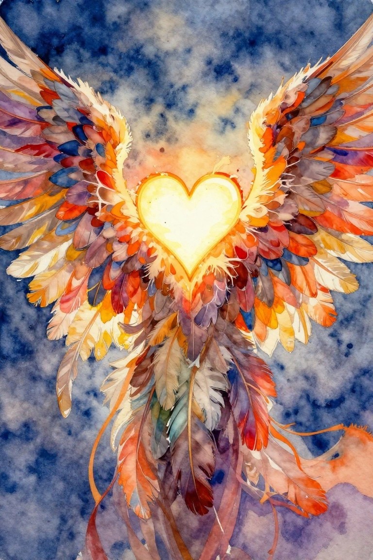 Vibrant watercolor glowing heart with colorful feathered wings on dark starry background