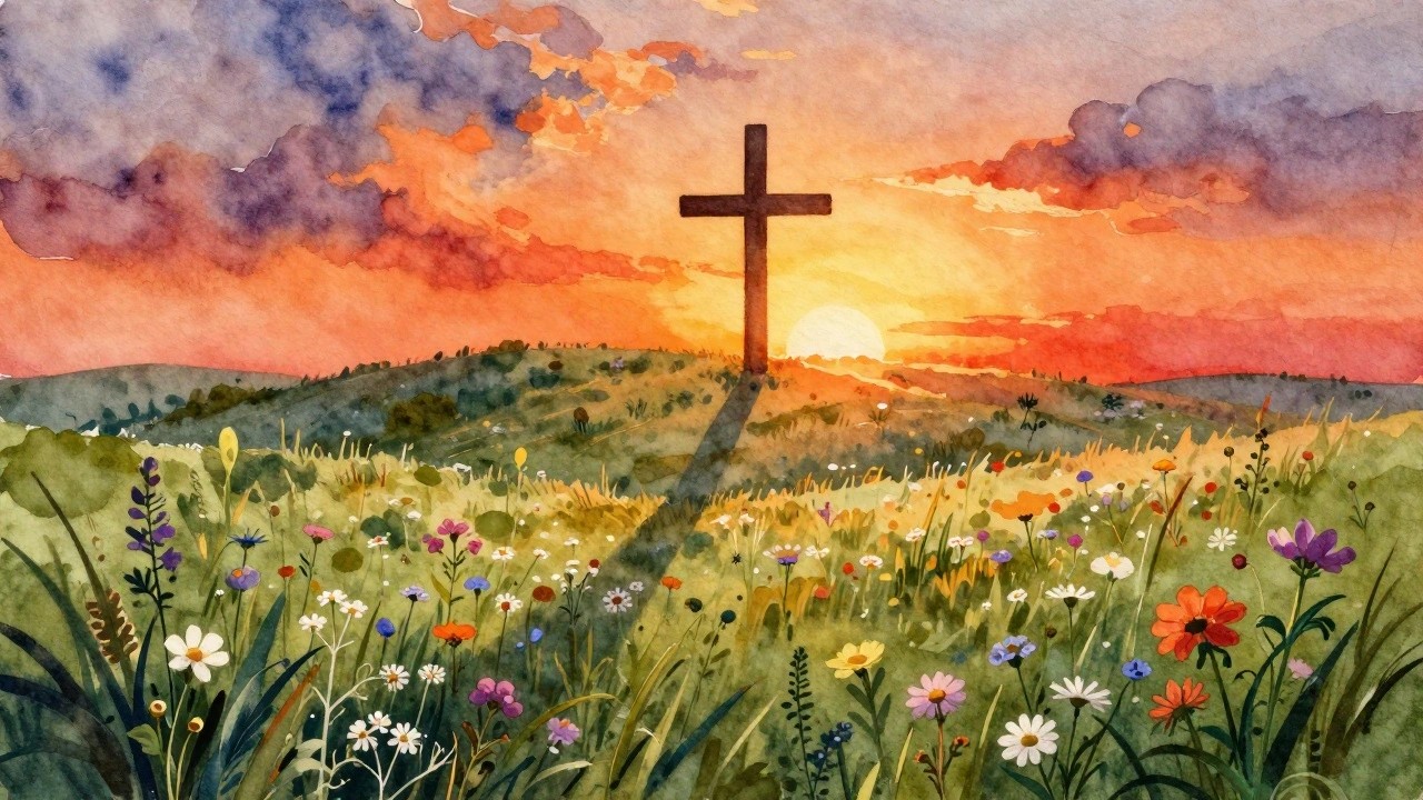 Watercolor sunset landscape with wooden cross amid colorful wildflowers on hillside